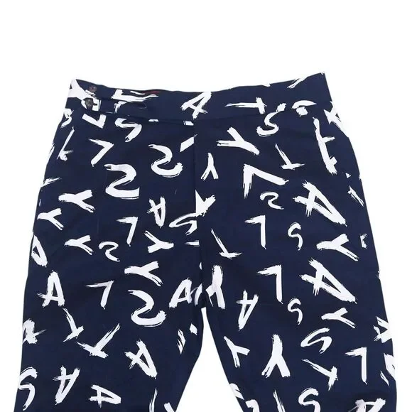 Mens Gurkha Pants 38 Blue White Chino Trousers Text Print Straight Flat Front